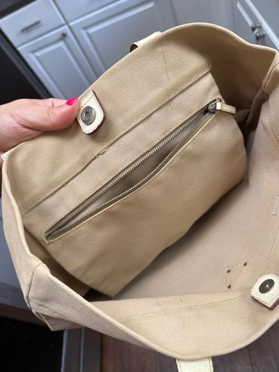 Prada Beige Canvas Shoulder Tote Bag Leather Corners and Handles - Picture 15 of 16